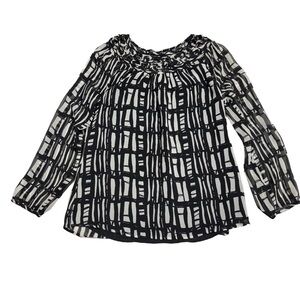Coldwater Creek Chiffon Blouse W/ Abstract Grid Pattern & Embellished Neckline M